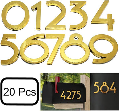 20 Pack Mailbox Numbers 0-9, 2.76 Inch High, Door Address Numbers Stickers for Apartment, House, Room, Office, Cars, Trucks, Gold Plating Process Number Sign