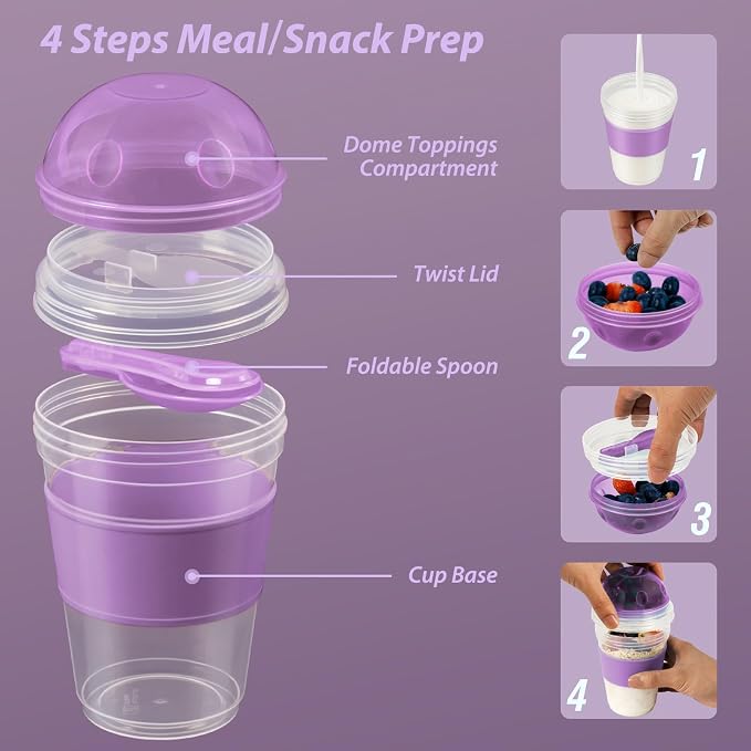 Freshmage 4 Pack 20 oz Yogurt Parfait Cups with Lids, Reusable Overnight Oats Containers with Lids, Folding Spoons and Topping Compartment for Breakfast to Go