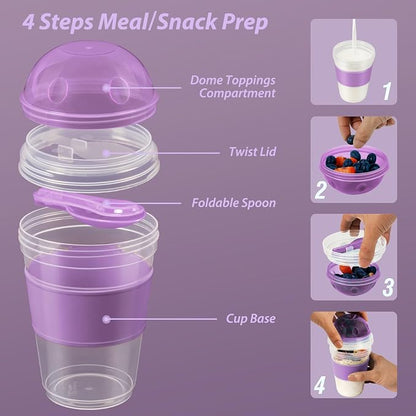 Freshmage 4 Pack 20 oz Yogurt Parfait Cups with Lids, Reusable Overnight Oats Containers with Lids, Folding Spoons and Topping Compartment for Breakfast to Go