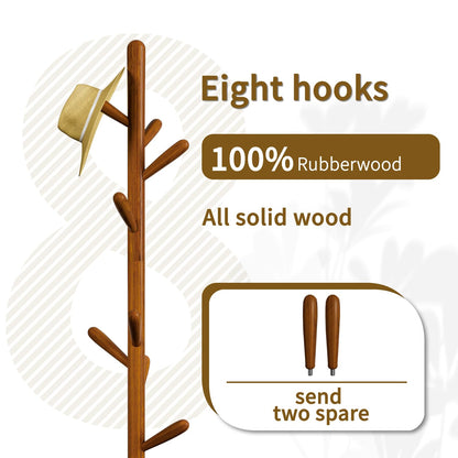 Awatiwa Solid Wood Square Base Coat Rack, Free Standing Hall Coat Tree with 8 Hooks（+2 spare for Coats, Hats, Bags, Purses, for Entryway, Hallway, Rubberwood Hooks,Base and Pole,(Square Base,Brown)
