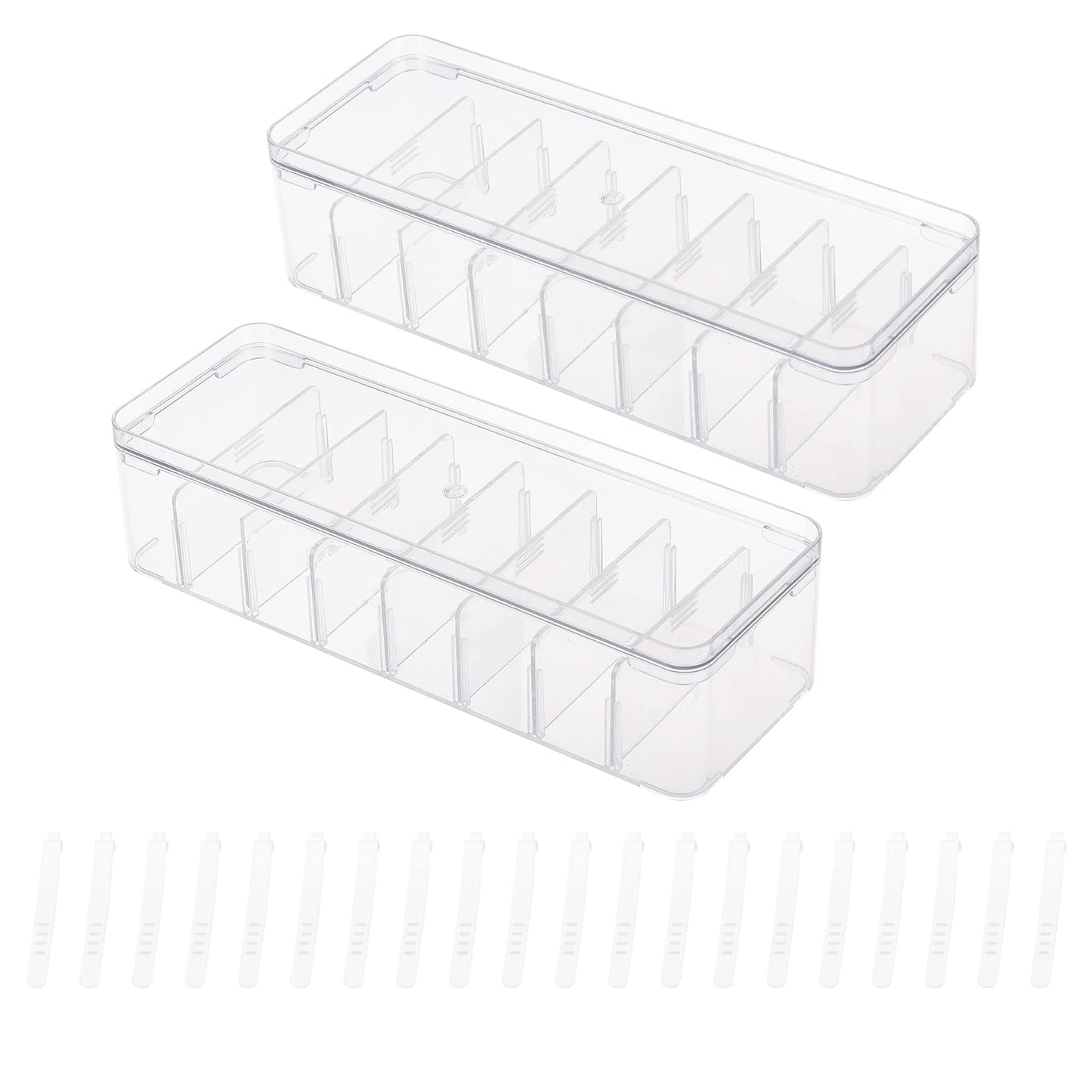 Yesesion 2pcs Clear Plastic Cable Organizer Boxes with Adjustment Compartments, Desk Accessories Storage Case with Lid and 20 Wire Ties for Drawer, Office Supply, Electronic Management