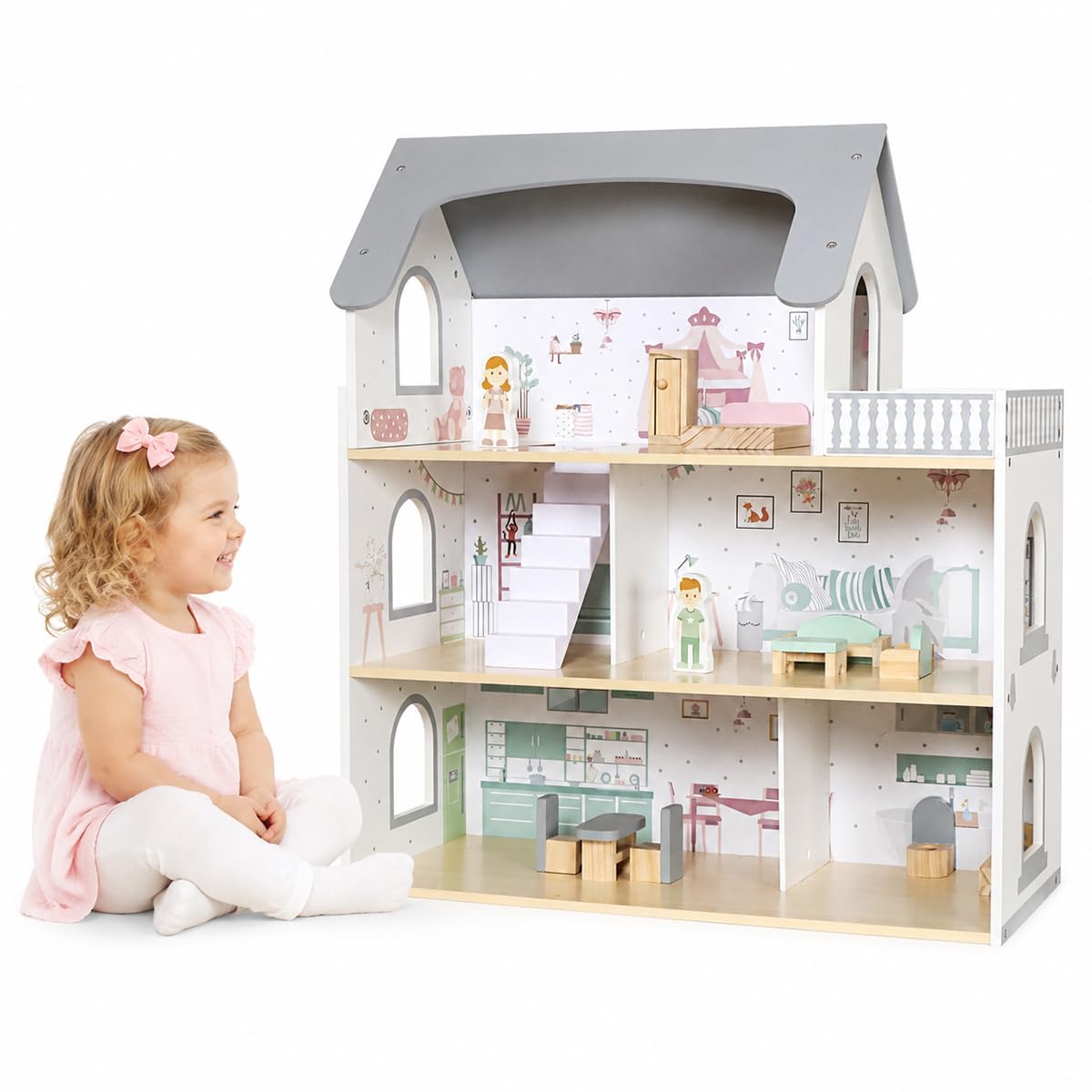 Wooden Dream Playhouse for Girls with Balcony,Doll House for Kids with Furniture,DIY Pretend Play House Toy, Children Dollhouses Toys with 12 PCS Accessories,Birthday Gifts for Boys Girls Ages 3+
