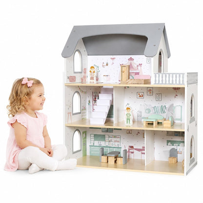 Wooden Dream Playhouse for Girls with Balcony,Doll House for Kids with Furniture,DIY Pretend Play House Toy, Children Dollhouses Toys with 12 PCS Accessories,Birthday Gifts for Boys Girls Ages 3+