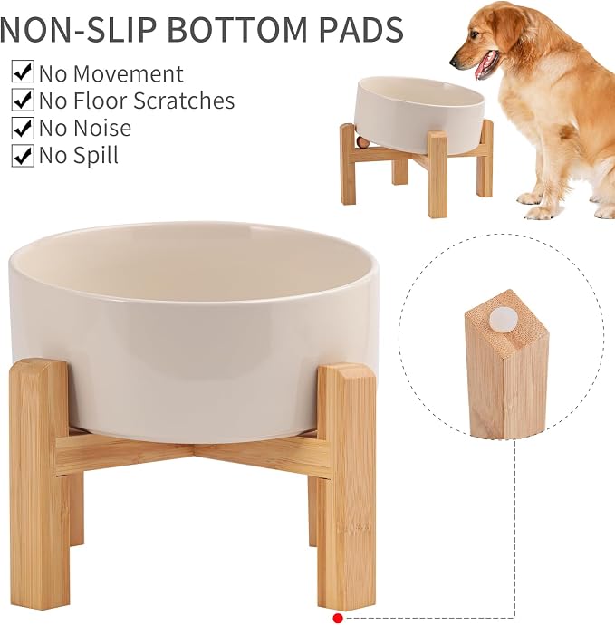Elevated/Raised 15°Tilted Anti Slip Ceramic Dog Bowl for Small/Medium Breeds,Slanted Bulldog Big Face Pet Food Water Feeding Dish with Stand for Cats and Dogs (3.6 Cups/28 OZ) Beige