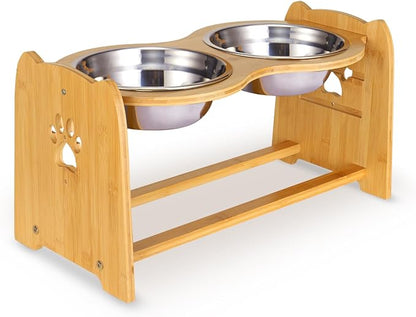 X-ZONE PET Elevated Dog Bowls for Cats and Dogs, Adjustable Bamboo Raised Dog Bowls for Large Dog, Food and Water Stand Feeder with 2 Stainless Steel Bowls Anti Slip Feet (Height 5.1" to 7.5" to 10")…
