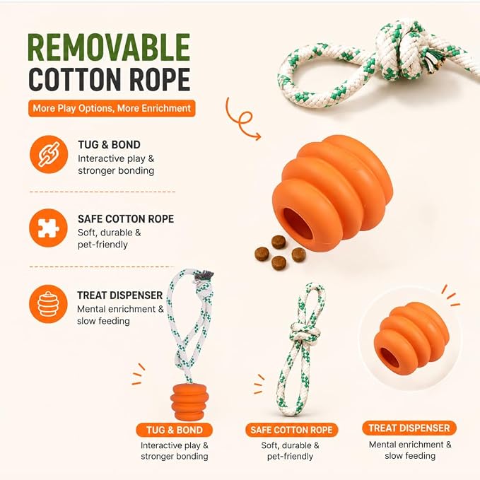 Green Sheep Tug & Enrichment Dog Toy, Interactive Rope Ball Toy with Removable Cotton Rope, Treat Dispensing Natural Rubber Dental Chew Toy for Medium and Large Dogs，Orange