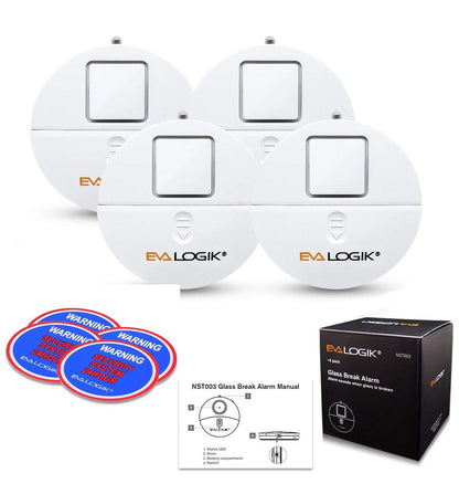 EVA LOGIK Modern Ultra-Thin Window Alarm with Loud 120dB Sound and Vibration Sensors Compatible with Virtually Any Window, Glass Break Alarm Perfect for Home, Office, Dorm Room- 4 Pack