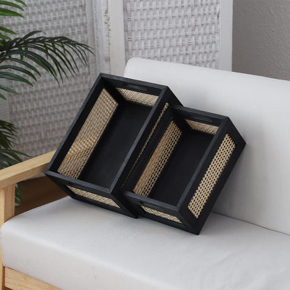 HODAKJUE Wood Baskets, Rattan Storage Baskets for Organizing, Black, Set of 2