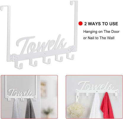 Azmoncy Over The Door Hooks, Towel Rack for Bathroom & Bedroom, Heavy Duty Over Door Towel Hanger with 5 Coat Hooks, White