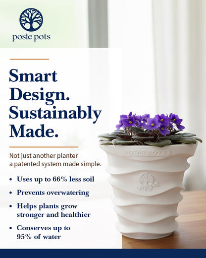 Posie Pot Medium Wave Self Watering Planter for Indoor Plants - 5x5 Inch Patented Pot with 10X Water Reservoir - Modern 3D Printed Desk Planter - Root Rot Free - Eco Friendly, Made in USA, White