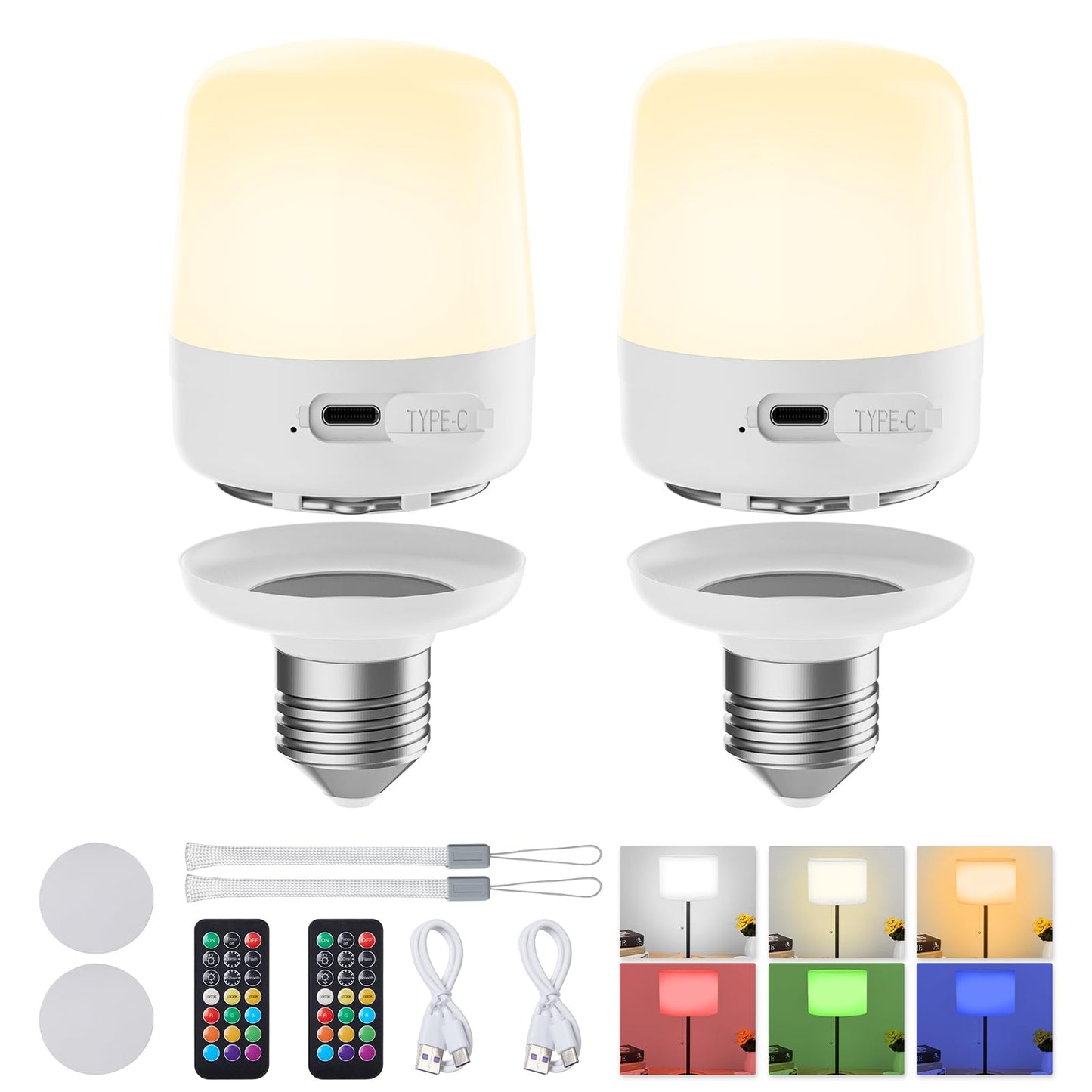 Minetom E26 Rechargeable Light Bulbs with Remote and Timer, Battery Backup Bulb with 12 Colors and Brightness Dimmable, 2300mAh 40W Equivalent LED Light Bulbs for Lamps Sconces Camping, 2 Pack