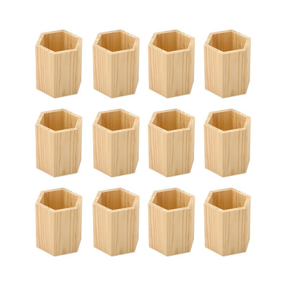 Cregugua 12 Pieces 4 Inch Wooden Pen Holder Hexagon shaped Unfinished Wood Pencil Holder for DIY Crafts (3x3x4 Inches)