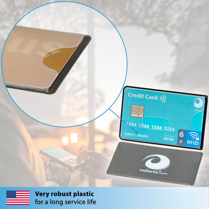 valonic set of 6 RFID blocking sleeves - transparent front, Credit Card Protector sleeve for wallet - Protection block for Debit Card and Metro Card