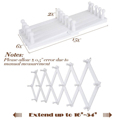 SCUNDA Accordion Wall Hanger with 16 Hooks, Wooden Coffee Mug Rack for Wall, Expandable Accordion Hook Rack Wall Mounted for Mug, Tea Cup, Purse,Coat, Hat, Cap(White)