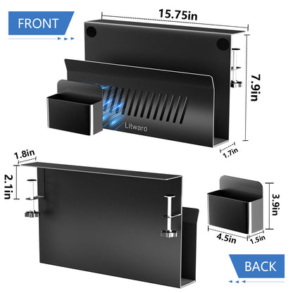 Litwaro Desk Side Storage Organizer, No Drill Laptop Holder Clamp on Desk Shelf with Magnetic Pen Holder, Hanging Organizer Fits Flat Edge Desks 0.4" to 2.1" (Black)