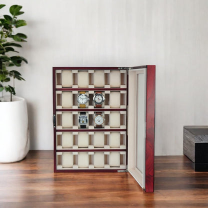 TIMELYBUYS 20 Piece Cherry Wood Watch Display Wall Hanging Case and Storage Organizer Box and Stand for Oversized Watches