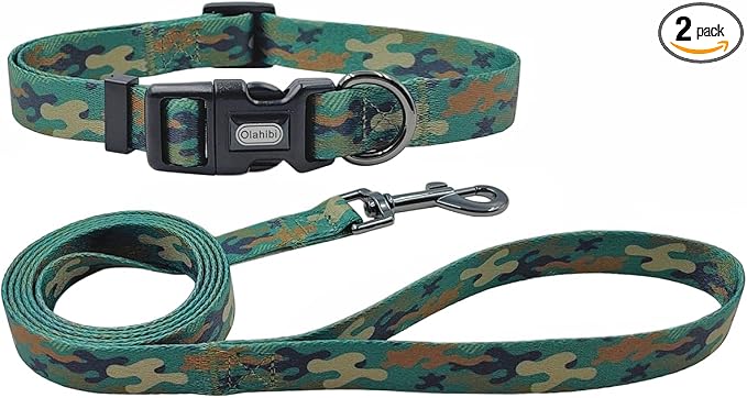 Dog Collar Leash Set, Camouflage Pattern, Polyester Material, Adjustable Collar and 5ft Matching Leash, for Puppy Dogs.(XS, Green Camo)