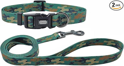 Dog Collar Leash Set, Camouflage Pattern, Polyester Material, Adjustable Collar and 5ft Matching Leash, for Puppy Dogs.(XS, Green Camo)