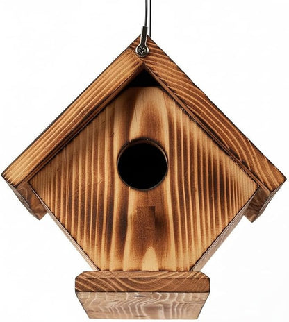 Wren Bird Houses for Outside, Golden Metal Hole Plate, Hanging Birdhouse for Outdoor, Cedar Wood Nest Box for Jay Wrens and Chickadees, Brass Entrance Stainless Cable Longtime Lasting