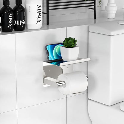 GLNLQ Chrome Toilet Paper Holder Wall Mount, Fits Mega Rolls Size Sliver Toilet Paper Holder with Shelf, Rustproof Stainless Steel Toilet Roll Holder, Self Adhesive Toilet Paper Holders Chrome