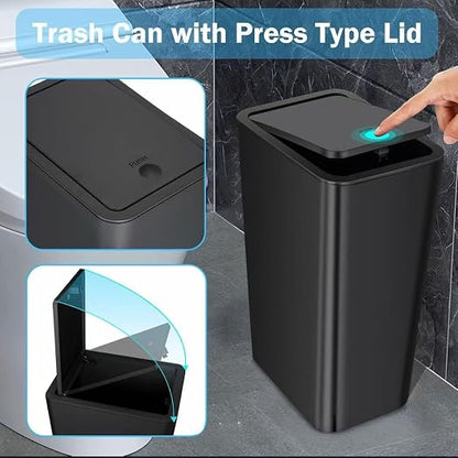 Compact Push-in Trash Can with Lid for Bathrooms, Kitchens, Living Rooms, Offices, Etc., Trash Can with Pop-Up Lid, 10 Liter/2.6 Gallon Slimline (Black)