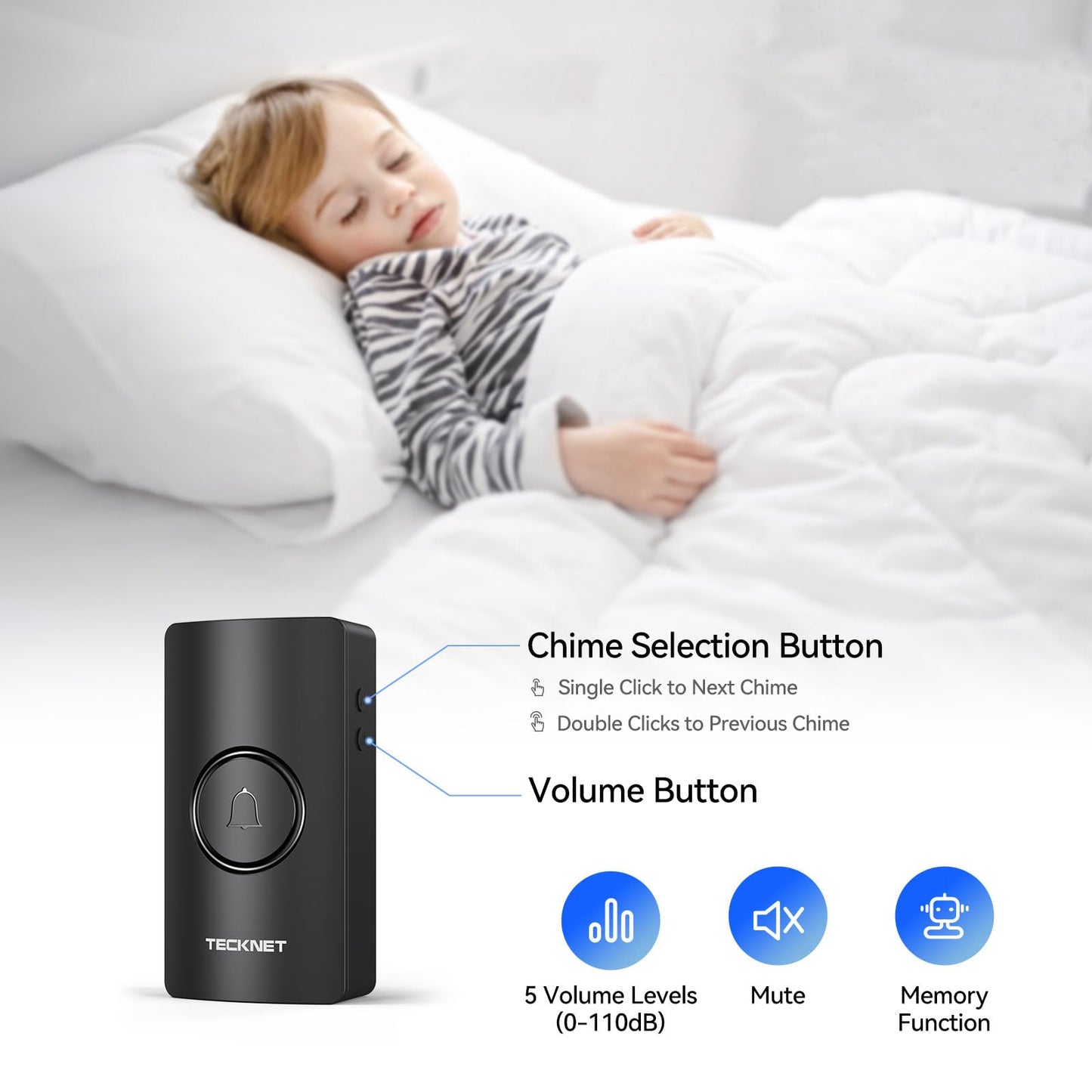 TECKNET Wireless Doorbell 1300FT, IP67 Waterproof Classroom Doorbell Battery-Powered Door Bell, 60 Chimes 5-Level Volume, Electric Doorbells No Plug-in Required for Home Classroom Teachers Warehouse