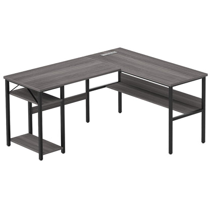 Unikito Reversible L Shaped Desk with Magic Power Outlets and USB Charging Ports, Sturdy Corner Computer Desk with Storage Shelves, Gaming Table Home Office Desk, Easy to Assemble, Enoch Walnut