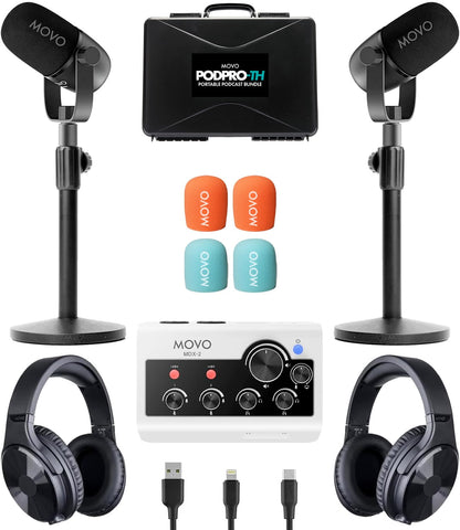 Movo Portable Podcast Equipment Bundle for iPhone/Android Phones- Podcast Kit with Audio Interface, 2 CastMic Dynamic Mics, 2 Table Stands - For Smartphones, Computers, PC, Mac - Lightning, USB, USB-C