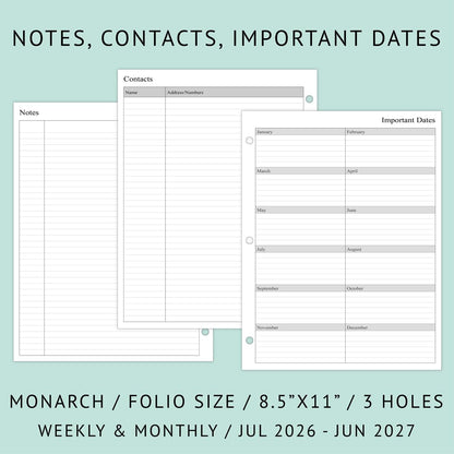 newestor 2026-2027 Weekly Planner Refills for 3-Ring Binder with Monthly Tabs, Jul 2026 - Jun 2027, 8-1/2" x 11", Folio Size 5 / Monarch