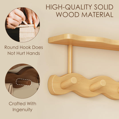 Wall-Mounted Coat Rack with Shelf, Wooden Coat Hanger with 6 Sturdy Hooks, Drill-Mounted Design for Hanging Clothes, Hats, Towels, Bags, and Robes (Natural Color)