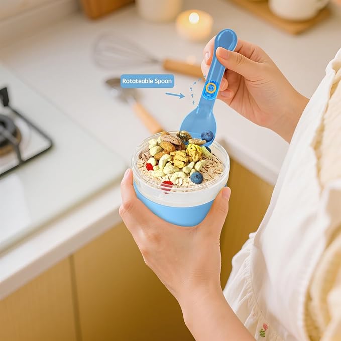 4 Pack Yogurt Parfait Cups with Lids Reusable, 20 oz Plastic Overnight Oats Containers To Go with Granola Compartment and Lids Spoon, Cereal Containers for Oatmeal, Snack, Breakfast Prep (Blue)