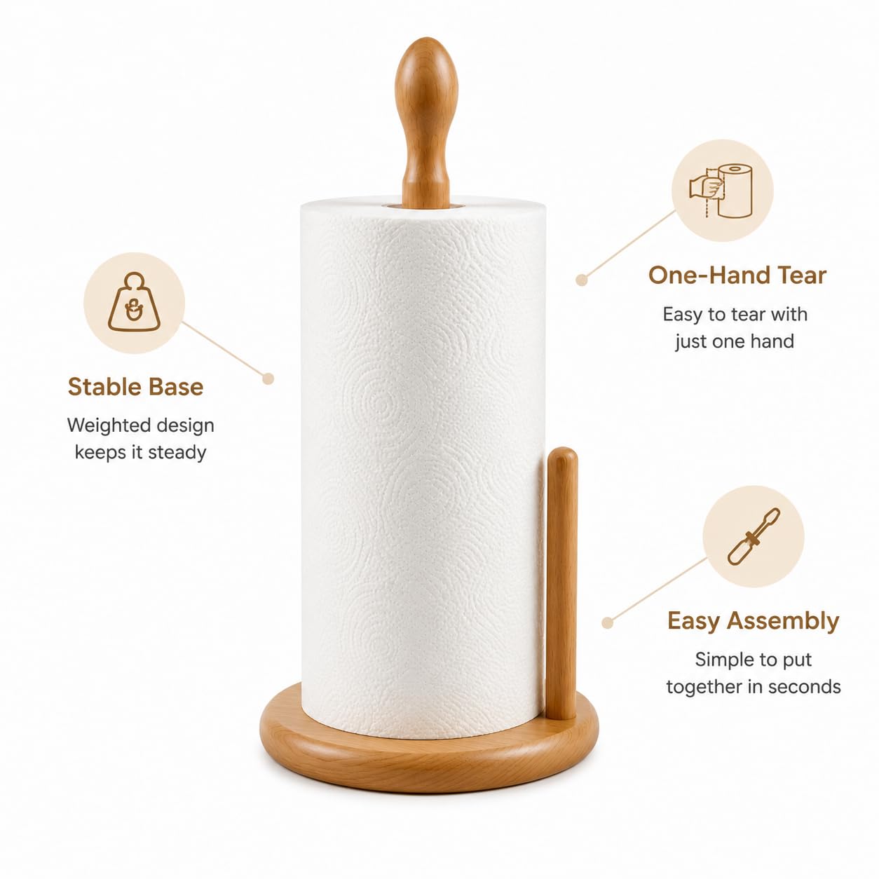JURHSDEGD Wooden Paper Towel Holder – Weighted Wide Base, Fits Jumbo & Standard Rolls, One-Hand Tear, Kitchen Countertop Organizer