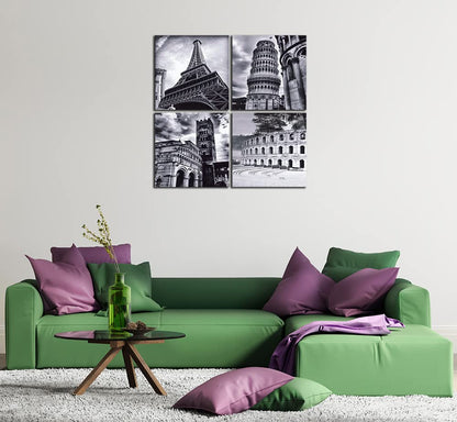 Wieco Art Architectures Modern 4 Panels Giclee Canvas Prints Europe Buildings Black and White Landscape Pictures Paintings on Canvas Wall Art Ready to Hang for Bedroom Home Office Decorations