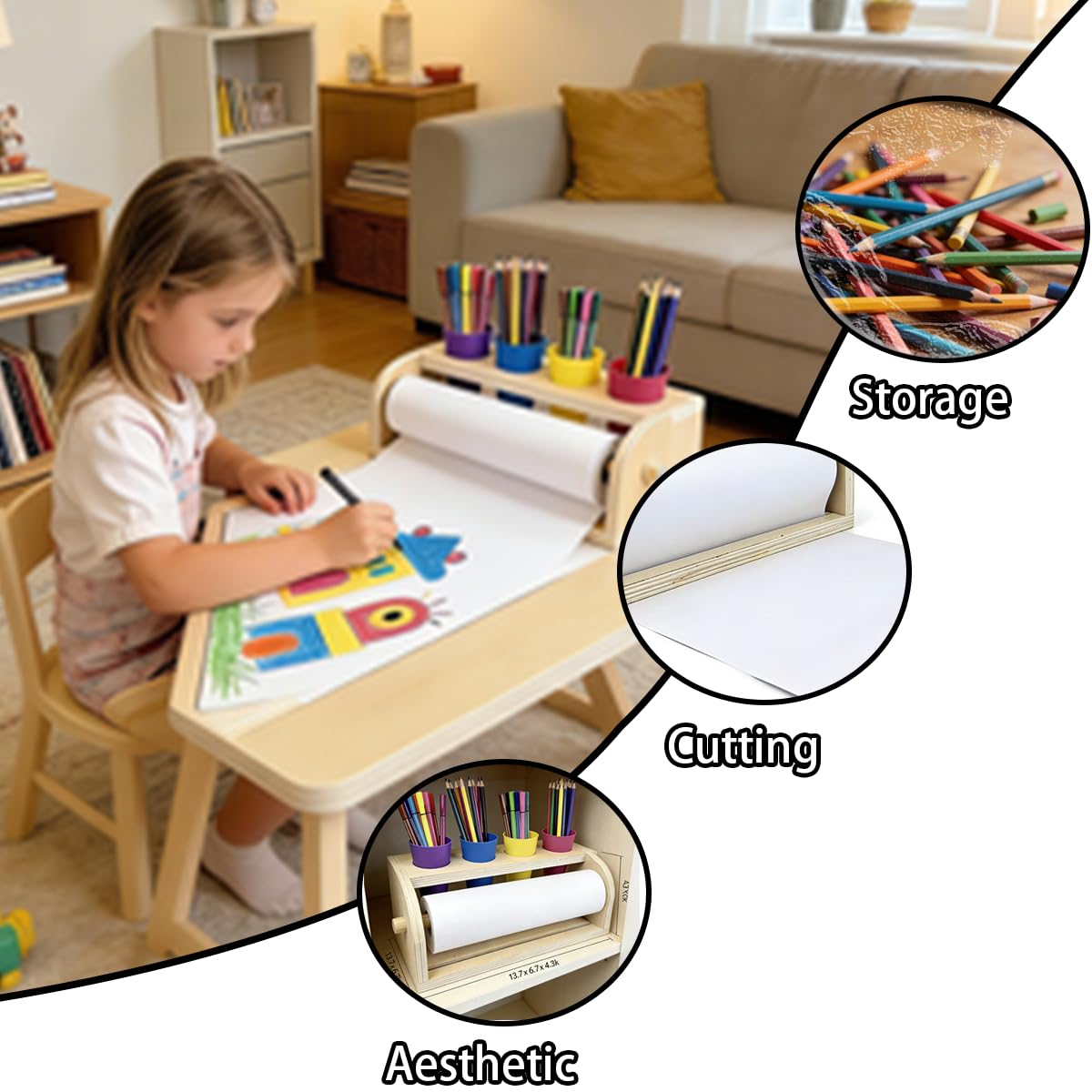 Leemeexaa Wooden Tabletop Paper Roll Holder Art Paper with Roll Dispenser 11.4" x98.4ft and Four Pencil Barrel Art Easel for Drawing,Graffiti Art Paintings Suitable for Homes, Schools or Playroom