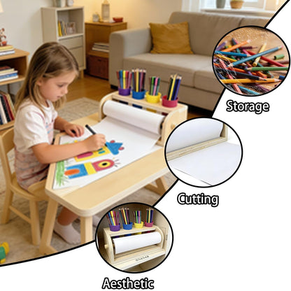 Leemeexaa Wooden Tabletop Paper Roll Holder Art Paper with Roll Dispenser 11.4" x98.4ft and Four Pencil Barrel Art Easel for Drawing,Graffiti Art Paintings Suitable for Homes, Schools or Playroom