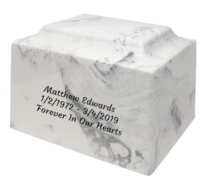Custom Engraved Mackenzie Urn Vault - Up to Three Line of Custom Engraving Included. Six Different Custom Fonts to Choose from. Cultured Marble Adult Full Size urn. Carrera Color