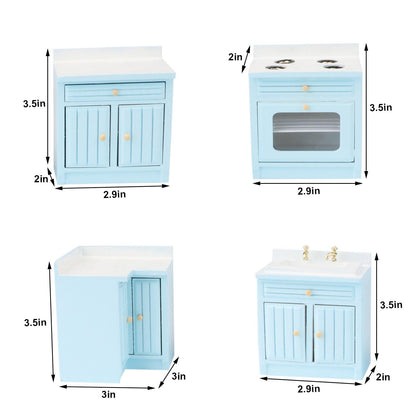 Miniature Furniture Dollhouse Kitchen Cabinets Set 1:12 Scale Wooden Model Freely Combined 4PCS Mini House Accessories Furnishings Kit Decoration Gift (Blue)