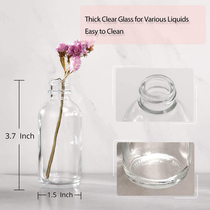 36 Pack, 2 oz Small Clear Glass Bottles w/Lid & 6 Stainless Steel Funnels - 60ml Boston Sample Bottles - Mini Travel Essential or Decorative Bottles for Potion, Juice, Wellness, Ginger Shots, Whiskey