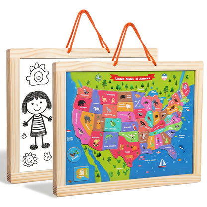 GRINNIE USA Map Puzzle for Toddlers 3 4 5 Years Old, Magnetic Wooden Jigsaw Learning Puzzle with Writing Board for Kids Age 4-6, Preschool Educational Toy Gift for Boys Girls Birthday Christmas