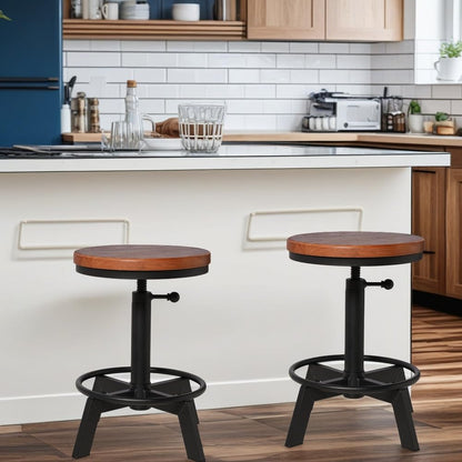 BOKKOLIK Set of 2-Industrial Bar Stool-Counter Height Chairs- Swivel Wooden Seat- Adjustable 17.7-24inch