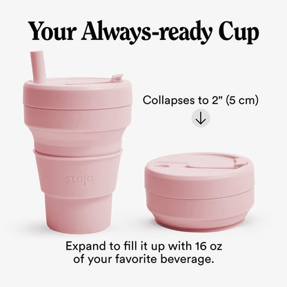 STOJO Collapsible Travel Cup - Reusable To-Go Pocket Size Silicone Bottle for Hot and Cold Drinks - Perfect for Camping - Microwave & Dishwasher Safe (Carnation, 16 Ounce (Pack of 1))
