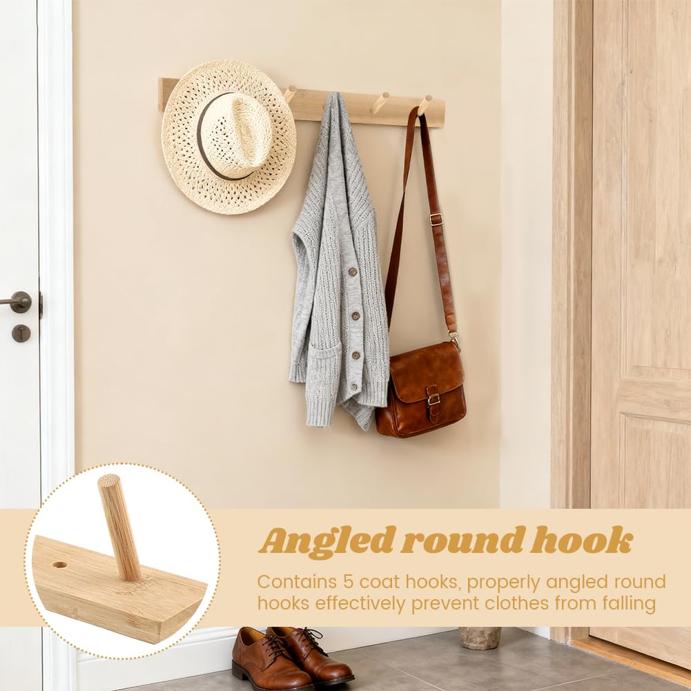 Anscuto 2Pcs Wooden Wall Mounted Coat Rack, 15.35'' Coat Rack Wall Mount with 5 Hooks for Hats, Jacket, Robes, Towels(Color:Natural)