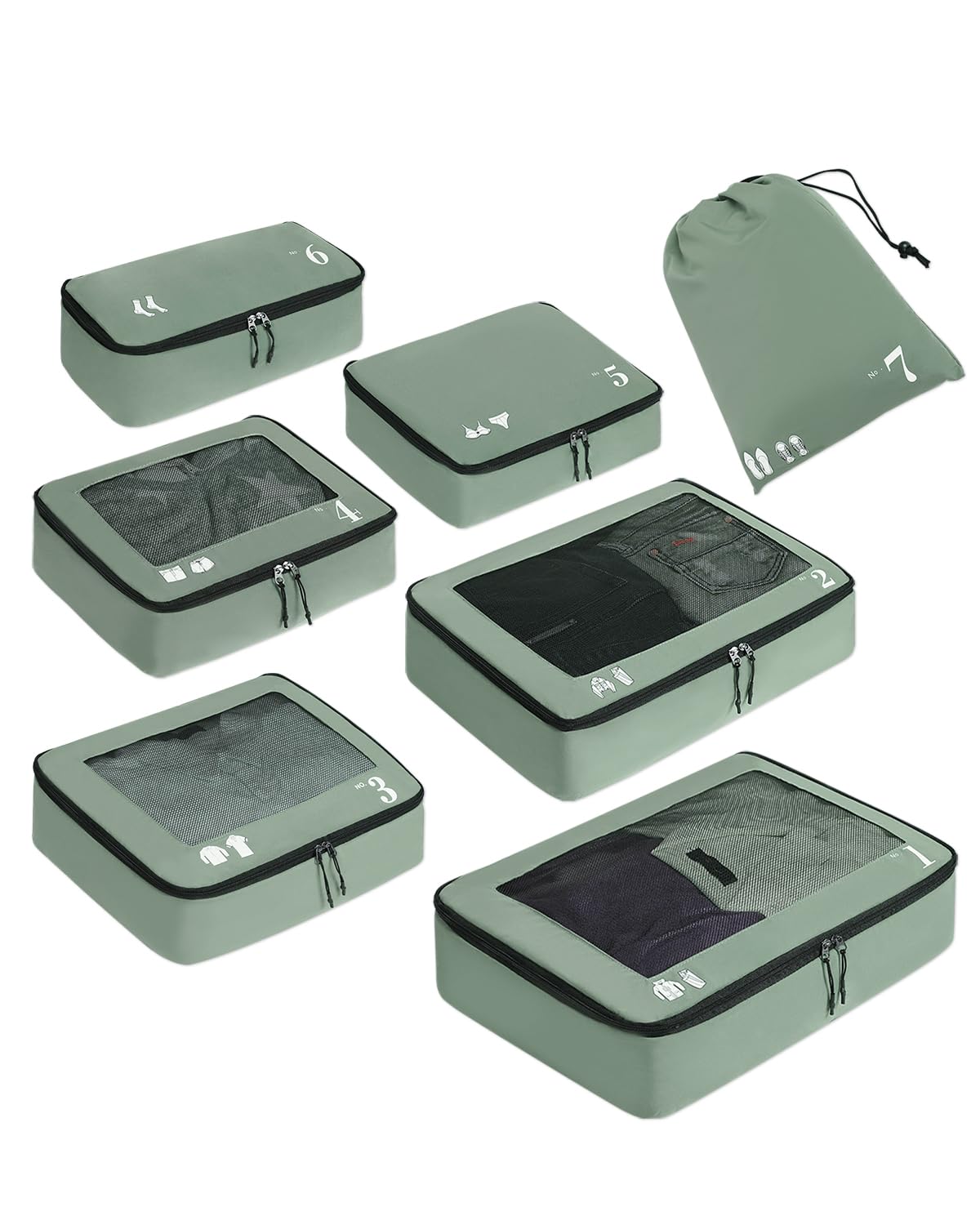 ECOHUB 7 Set Packing Cubes Tear-Resistant Luggage Packing Organizers with Number Icon for Travel Accessories Luggage Suitcase Machine Washable Packing Cubes (Green)
