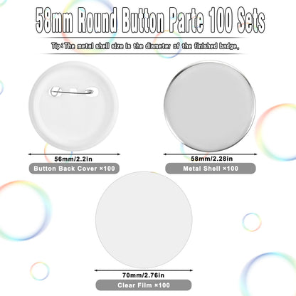 Yuanan 100 Sets Button Maker Supplies 58mm/2.25 Inch Button Supplies with Metal Covers, Pin Backs and Clear Film Badge Parts Pin Buttons Kit for Buttons Makers Machine Pins Maker Press