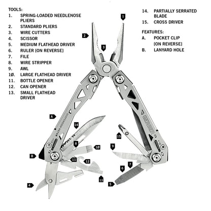 Gerber Gear Suspension-NXT 15-in-1 EDC Multi tool with Pocket Knife, Needle Nose Pliers and Wire Stripper Tools, Gifts for Men, Survival and Camping Gear, Stainless Steel