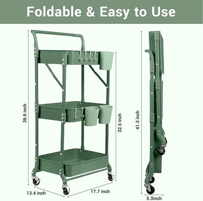Amatic 3-Tier Folding Rolling Utility Cart with Wheels, Metal Foldable Storage Cart Organizer with 3 Hanging Cups & 6 Hooks for Kitchen, Office, Living Room, Nursery(Green)