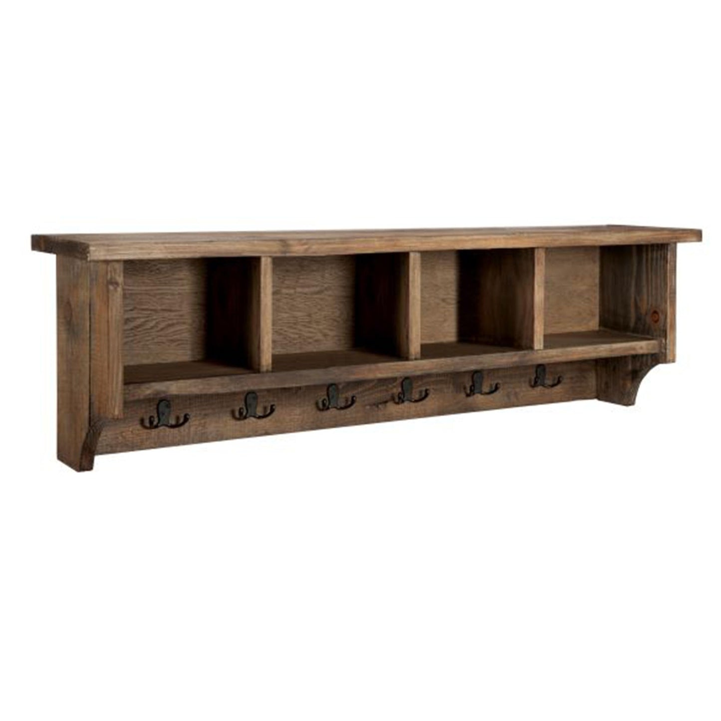 Alaterre Furniture Pomona Entryway Coat Rack – Rustic Farmhouse 48-Inch Wall-Mounted Coat Rack with 6 Double Hooks & 4 Open Cubbies – Solid Wood Mudroom Storage for Entryway or Hallway (Rustic Brown)
