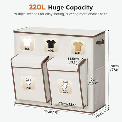 SOLEDI 220L Laundry Hamper 3 Section,Extra Large Laundry Basket with Lid and 2 Side Pockets, Dirty Clothes Hamper with Removable Bag Easy to Carry for Laundry Room, Bedroom, Bathroom, White