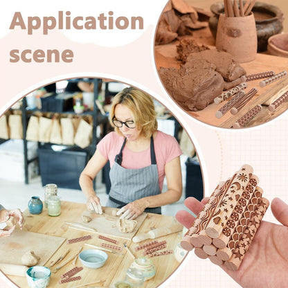 UNICRAFTALE 10Pcs Wooden Clay Texture Rollers Set for Pottery 10 Styles Ceramics Potters Stamp Roller Tools 102mm Textured Rolling Pins Modeling Pattern Rollers Kit for DIY Handmade Art Supplies