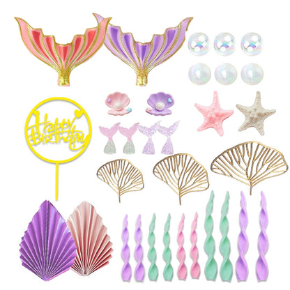 Mermaid Cake Topper Big Mermaid Tails Seaweed Bubbles Shells and Golden Ginkgo Leaves Cake Set for Mermaid Under the sea Cake Decor